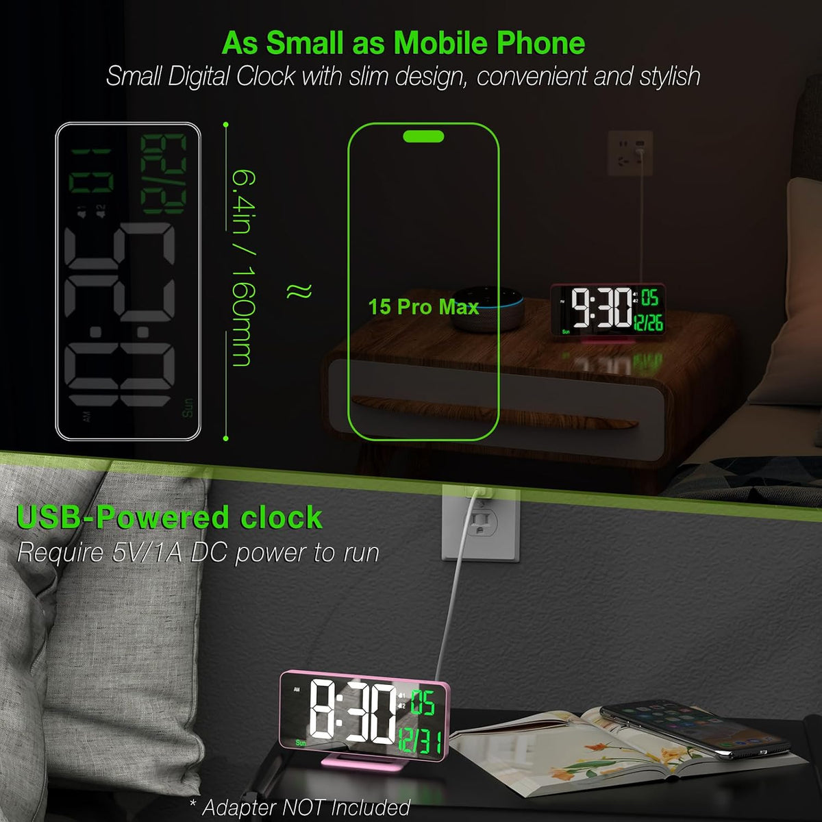 KOSUMOSU Dual Alarm Clock 6.7in Gold Desk Clock with Dimming, 12/24h, Seconds, Date, Day of Week, Temp, Digital LED Clock for Bedroom, Digital Calendar Clocks for Living Room Gold Desk Accessories