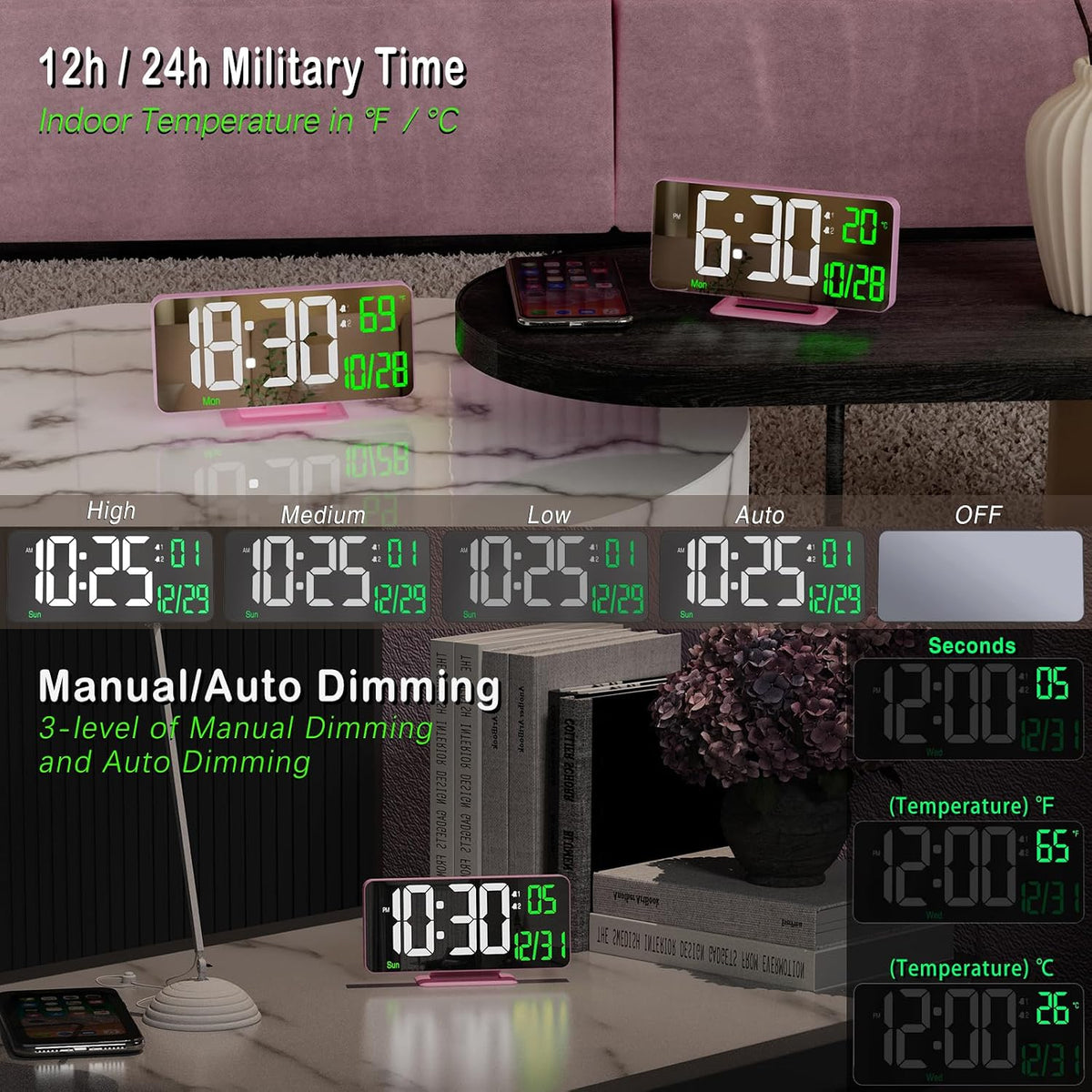 KOSUMOSU Dual Alarm Clock 6.7in Gold Desk Clock with Dimming, 12/24h, Seconds, Date, Day of Week, Temp, Digital LED Clock for Bedroom, Digital Calendar Clocks for Living Room Gold Desk Accessories