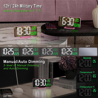 KOSUMOSU Dual Alarm Clock 6.7in Gold Desk Clock with Dimming, 12/24h, Seconds, Date, Day of Week, Temp, Digital LED Clock for Bedroom, Digital Calendar Clocks for Living Room Gold Desk Accessories