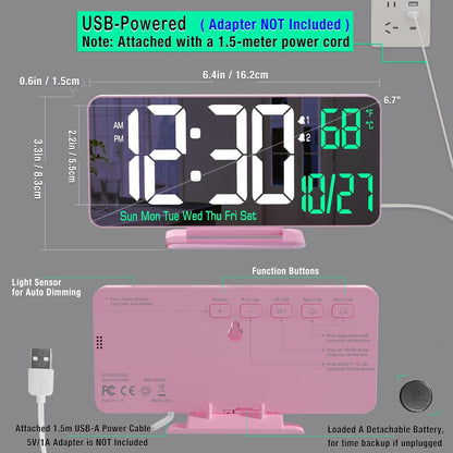 KOSUMOSU Dual Alarm Clock 6.7in Gold Desk Clock with Dimming, 12/24h, Seconds, Date, Day of Week, Temp, Digital LED Clock for Bedroom, Digital Calendar Clocks for Living Room Gold Desk Accessories