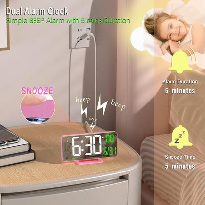 KOSUMOSU Dual Alarm Clock 6.7in Gold Desk Clock with Dimming, 12/24h, Seconds, Date, Day of Week, Temp, Digital LED Clock for Bedroom, Digital Calendar Clocks for Living Room Gold Desk Accessories