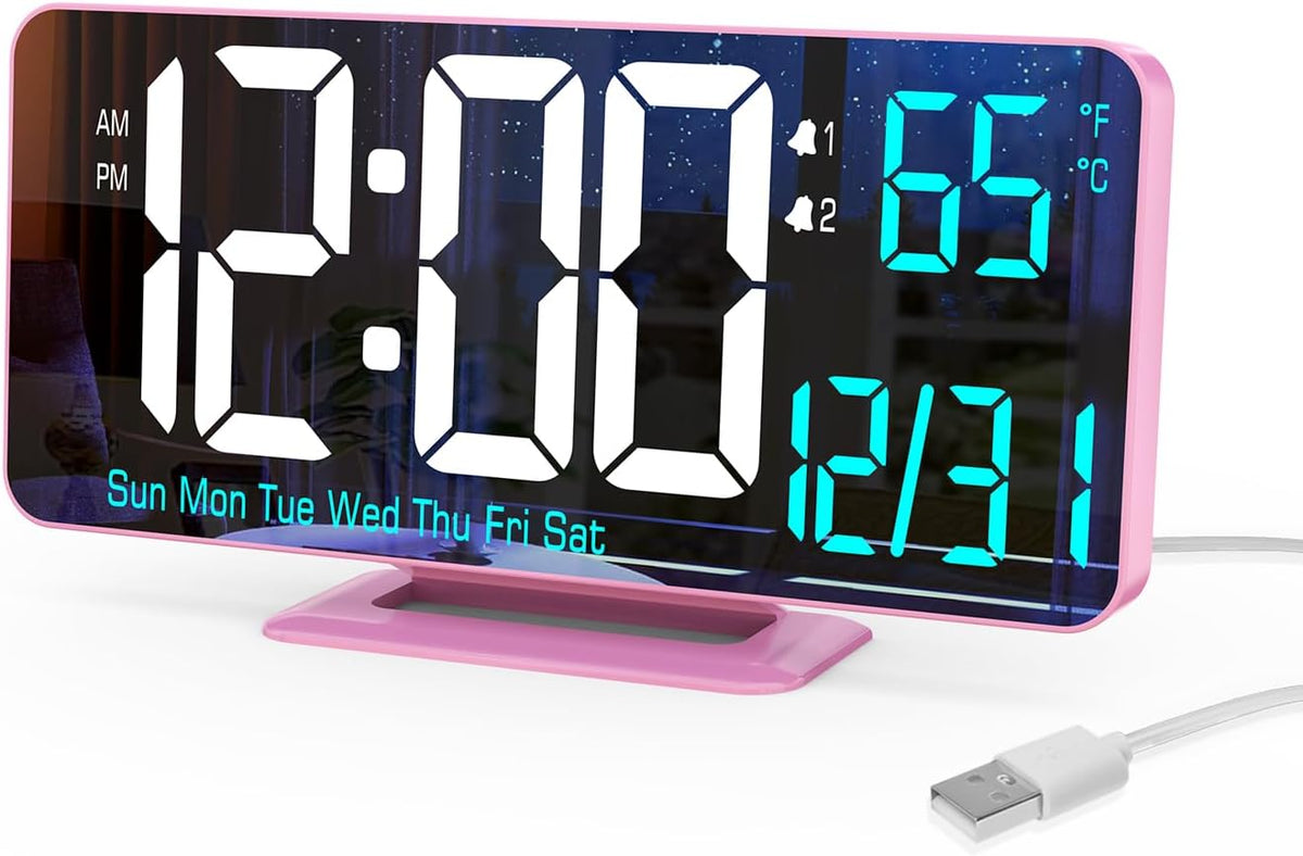 KOSUMOSU Dual Alarm Clock 6.7in Gold Desk Clock with Dimming, 12/24h, Seconds, Date, Day of Week, Temp, Digital LED Clock for Bedroom, Digital Calendar Clocks for Living Room Gold Desk Accessories