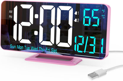 KOSUMOSU Dual Alarm Clock 6.7in Gold Desk Clock with Dimming, 12/24h, Seconds, Date, Day of Week, Temp, Digital LED Clock for Bedroom, Digital Calendar Clocks for Living Room Gold Desk Accessories