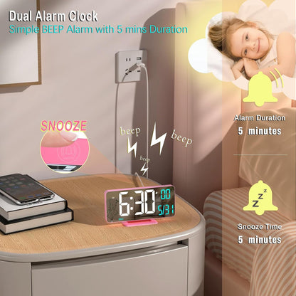 KOSUMOSU Dual Alarm Clock 6.7in Gold Desk Clock with Dimming, 12/24h, Seconds, Date, Day of Week, Temp, Digital LED Clock for Bedroom, Digital Calendar Clocks for Living Room Gold Desk Accessories