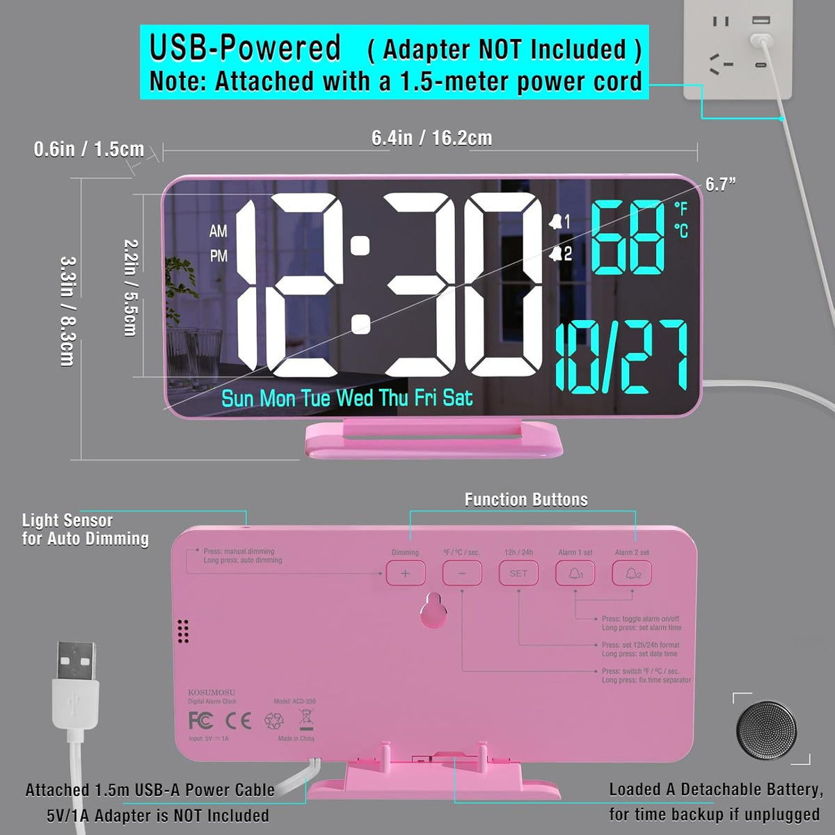 KOSUMOSU Dual Alarm Clock 6.7in Gold Desk Clock with Dimming, 12/24h, Seconds, Date, Day of Week, Temp, Digital LED Clock for Bedroom, Digital Calendar Clocks for Living Room Gold Desk Accessories