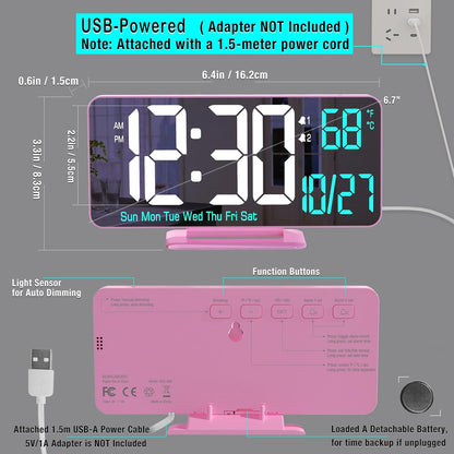 KOSUMOSU Dual Alarm Clock 6.7in Gold Desk Clock with Dimming, 12/24h, Seconds, Date, Day of Week, Temp, Digital LED Clock for Bedroom, Digital Calendar Clocks for Living Room Gold Desk Accessories