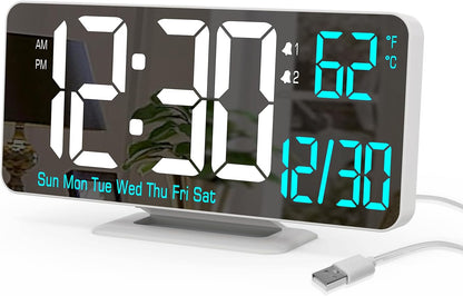 KOSUMOSU Dual Alarm Clock 6.7in Gold Desk Clock with Dimming, 12/24h, Seconds, Date, Day of Week, Temp, Digital LED Clock for Bedroom, Digital Calendar Clocks for Living Room Gold Desk Accessories