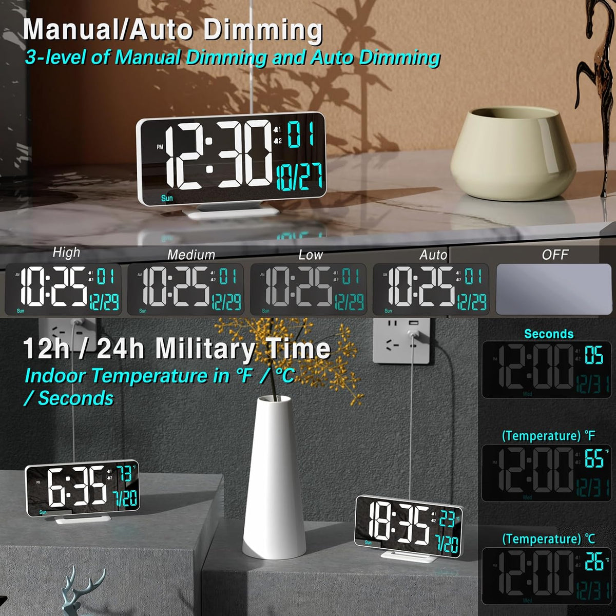 KOSUMOSU Dual Alarm Clock 6.7in Gold Desk Clock with Dimming, 12/24h, Seconds, Date, Day of Week, Temp, Digital LED Clock for Bedroom, Digital Calendar Clocks for Living Room Gold Desk Accessories