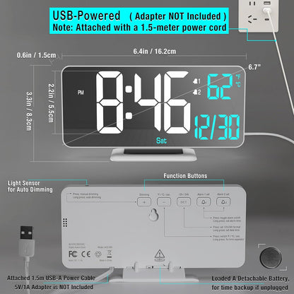 KOSUMOSU Dual Alarm Clock 6.7in Gold Desk Clock with Dimming, 12/24h, Seconds, Date, Day of Week, Temp, Digital LED Clock for Bedroom, Digital Calendar Clocks for Living Room Gold Desk Accessories