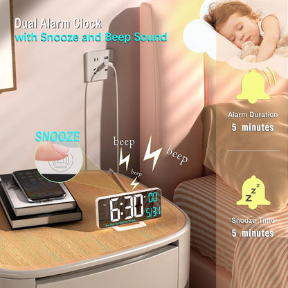KOSUMOSU Dual Alarm Clock 6.7in Gold Desk Clock with Dimming, 12/24h, Seconds, Date, Day of Week, Temp, Digital LED Clock for Bedroom, Digital Calendar Clocks for Living Room Gold Desk Accessories