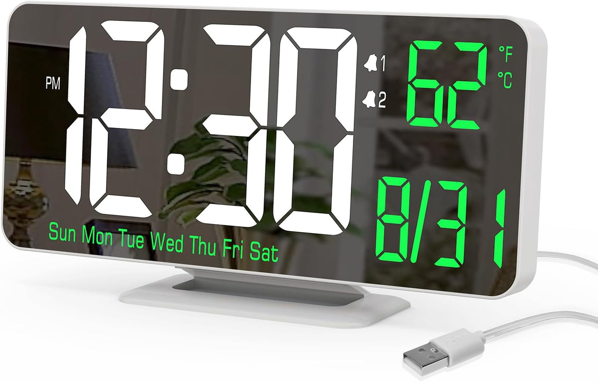 KOSUMOSU Dual Alarm Clock 6.7in Gold Desk Clock with Dimming, 12/24h, Seconds, Date, Day of Week, Temp, Digital LED Clock for Bedroom, Digital Calendar Clocks for Living Room Gold Desk Accessories