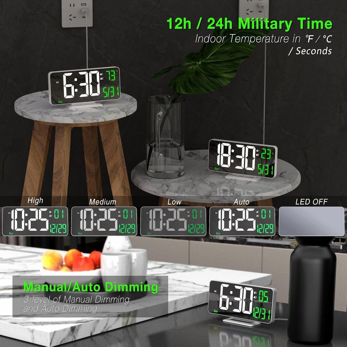 KOSUMOSU Dual Alarm Clock 6.7in Gold Desk Clock with Dimming, 12/24h, Seconds, Date, Day of Week, Temp, Digital LED Clock for Bedroom, Digital Calendar Clocks for Living Room Gold Desk Accessories