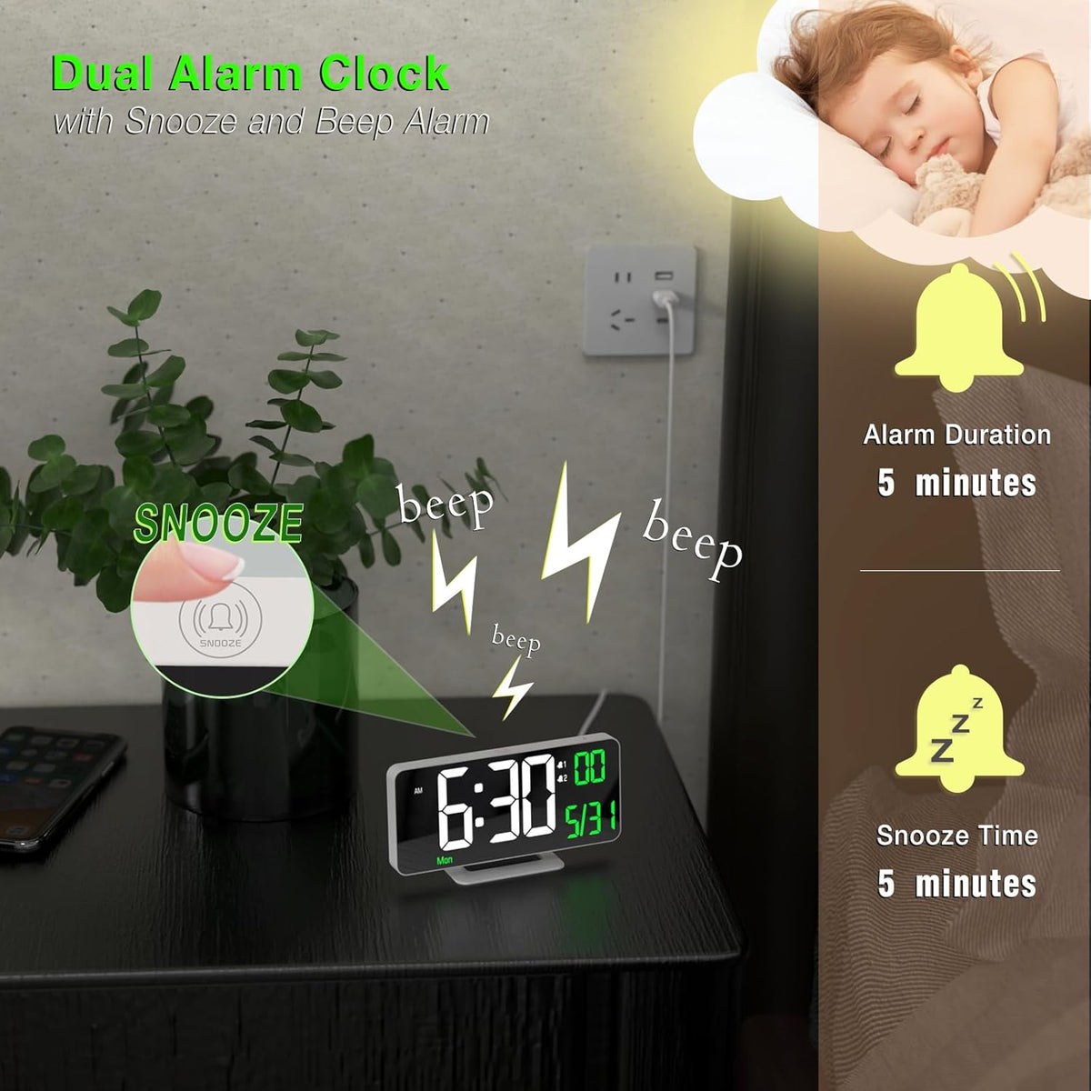 KOSUMOSU Dual Alarm Clock 6.7in Gold Desk Clock with Dimming, 12/24h, Seconds, Date, Day of Week, Temp, Digital LED Clock for Bedroom, Digital Calendar Clocks for Living Room Gold Desk Accessories