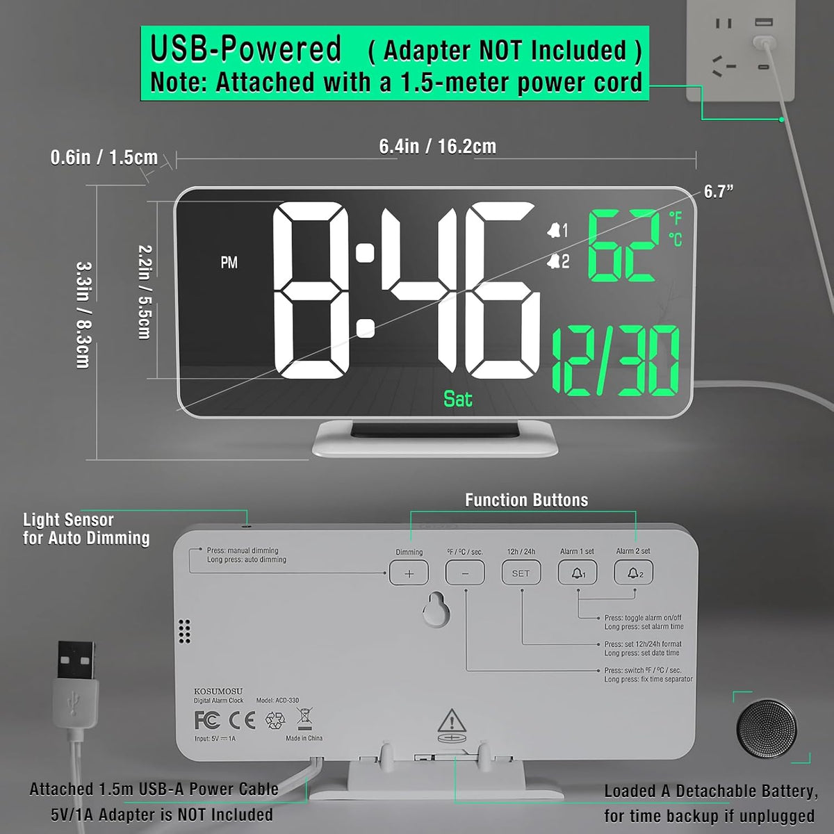 KOSUMOSU Dual Alarm Clock 6.7in Gold Desk Clock with Dimming, 12/24h, Seconds, Date, Day of Week, Temp, Digital LED Clock for Bedroom, Digital Calendar Clocks for Living Room Gold Desk Accessories