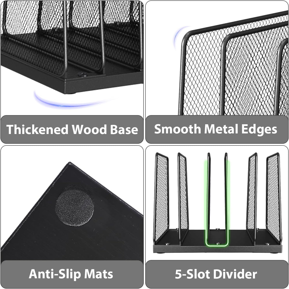 LEKETREE Desk File Organizer, 5-Section Upright File Sorter, Vertical File Folder Holder, Mesh Metal Wood Office Desktop Organization for Document, Magazine, Books and more (Wood and Black)
