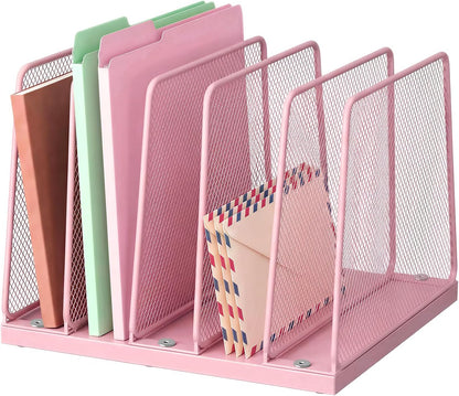 LEKETREE Desk File Organizer, 5-Section Upright File Sorter, Vertical File Folder Holder, Mesh Metal Wood Office Desktop Organization for Document, Magazine, Books and more (Wood and Black)