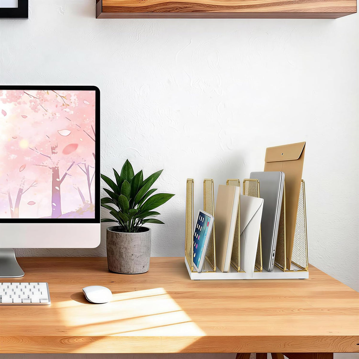 LEKETREE Desk File Organizer, 5-Section Upright File Sorter, Vertical File Folder Holder, Mesh Metal Wood Office Desktop Organization for Document, Magazine, Books and more (Wood and Black)