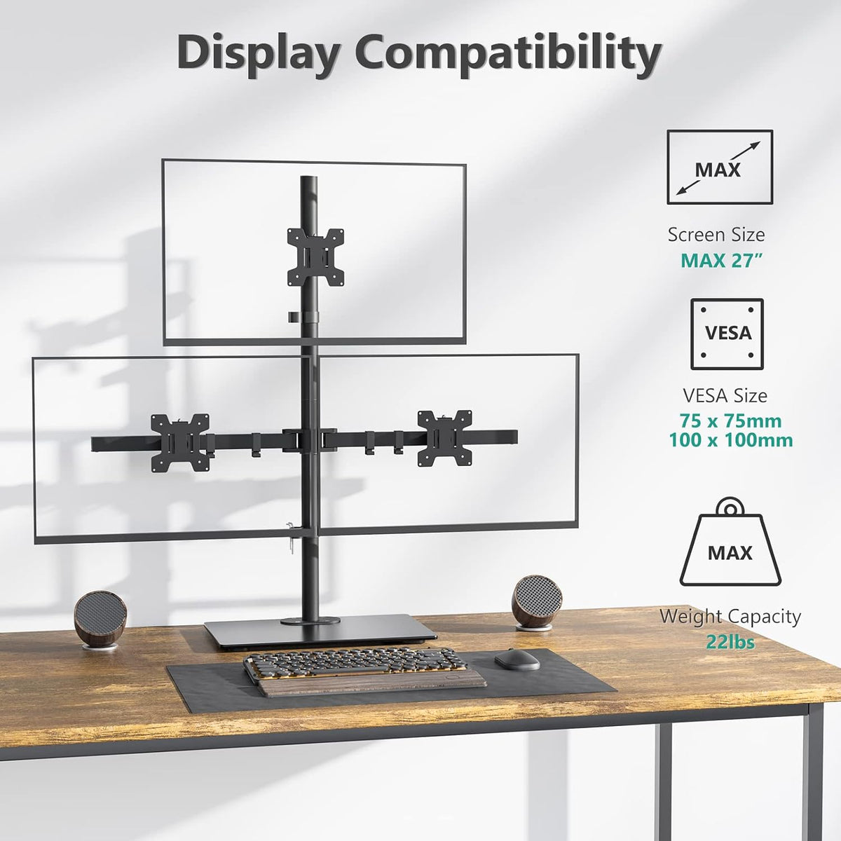 Freestanding Dual Monitor Stand for 13-27 inch Screens, 22 lbs per Arm