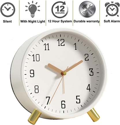 Small Analog Alarm Clock, Battery Operated Desk Clock, White