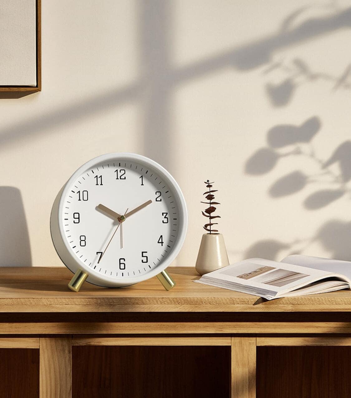 Small Analog Alarm Clock, Battery Operated Desk Clock, White