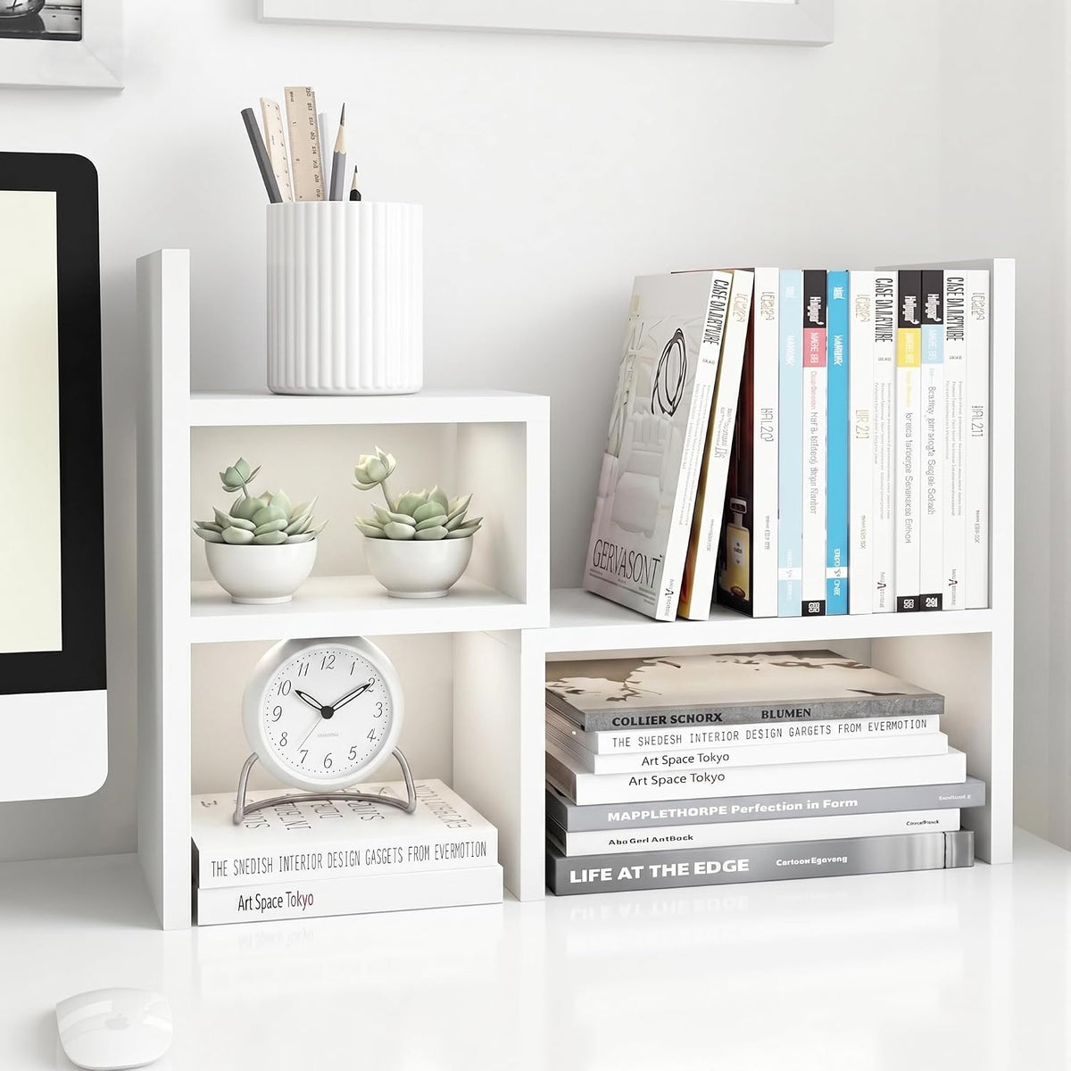 Desktop Organizer Office Storage Rack Adjustable Wood Display Shelf | Birthday Gifts - Toy - Home Decor | - Free Style Rotation Display - True Natural Stand Shelf (White)