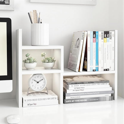 Desktop Organizer Office Storage Rack Adjustable Wood Display Shelf | Birthday Gifts - Toy - Home Decor | - Free Style Rotation Display - True Natural Stand Shelf (White)
