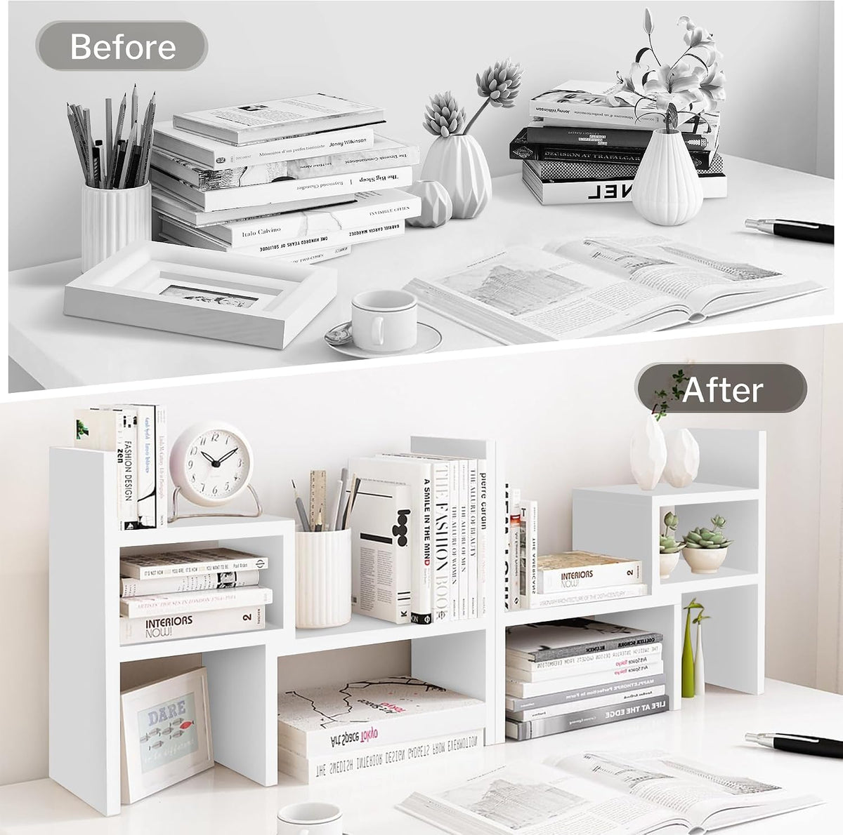Desktop Organizer Office Storage Rack Adjustable Wood Display Shelf | Birthday Gifts - Toy - Home Decor | - Free Style Rotation Display - True Natural Stand Shelf (White)