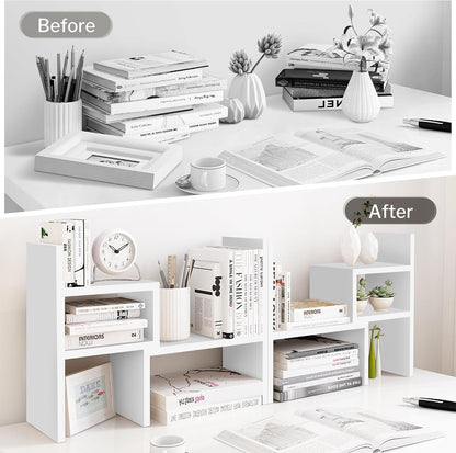 Desktop Organizer Office Storage Rack Adjustable Wood Display Shelf | Birthday Gifts - Toy - Home Decor | - Free Style Rotation Display - True Natural Stand Shelf (White)