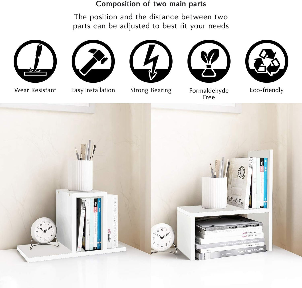 Desktop Organizer Office Storage Rack Adjustable Wood Display Shelf | Birthday Gifts - Toy - Home Decor | - Free Style Rotation Display - True Natural Stand Shelf (White)
