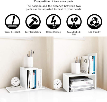 Desktop Organizer Office Storage Rack Adjustable Wood Display Shelf | Birthday Gifts - Toy - Home Decor | - Free Style Rotation Display - True Natural Stand Shelf (White)
