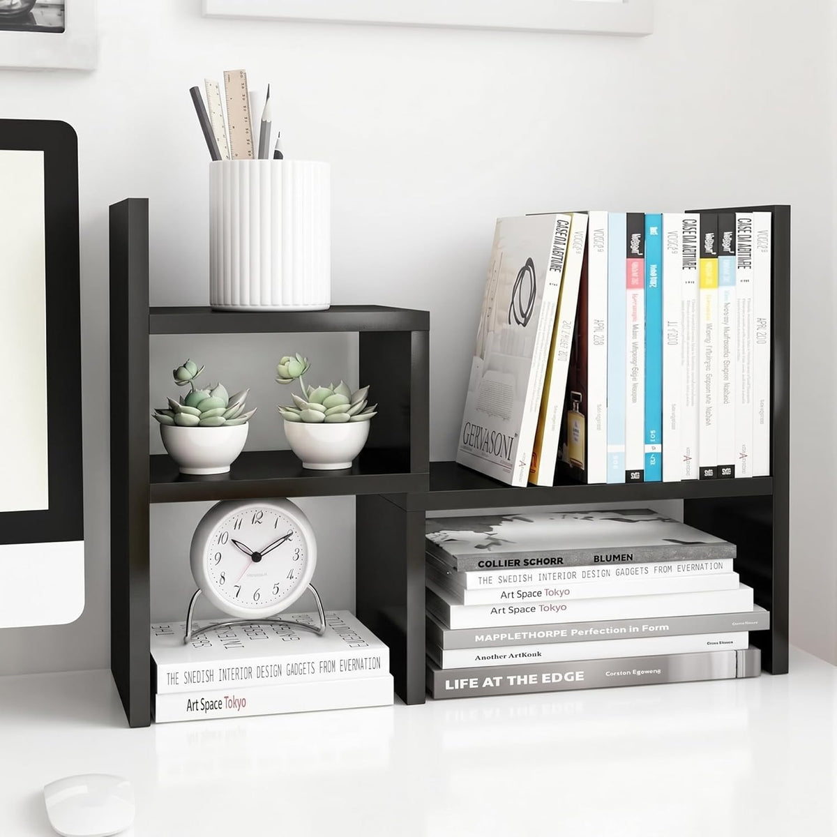 Desktop Organizer Office Storage Rack Adjustable Wood Display Shelf | Birthday Gifts - Toy - Home Decor | - Free Style Rotation Display - True Natural Stand Shelf (White)