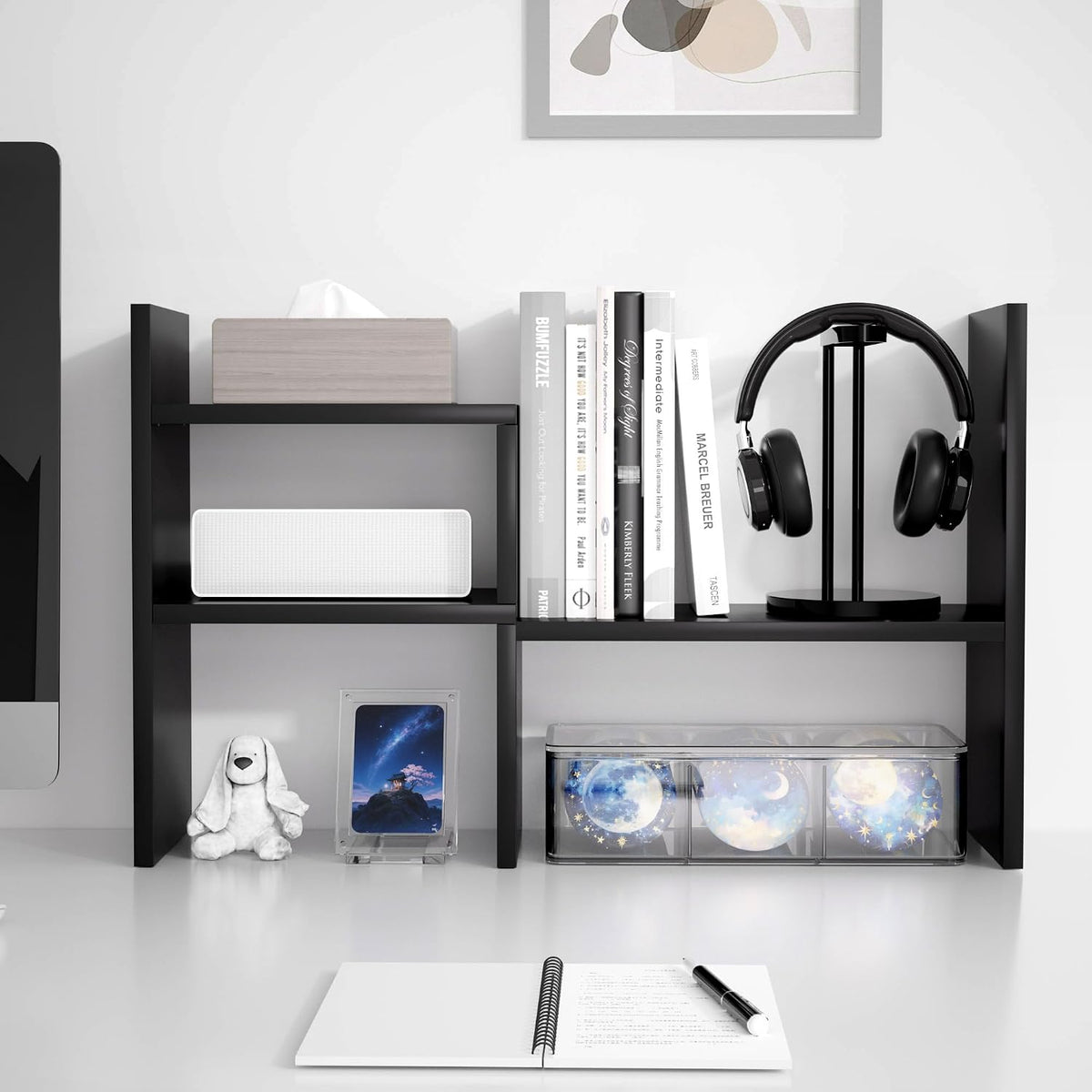 Desktop Organizer Office Storage Rack Adjustable Wood Display Shelf | Birthday Gifts - Toy - Home Decor | - Free Style Rotation Display - True Natural Stand Shelf (White)