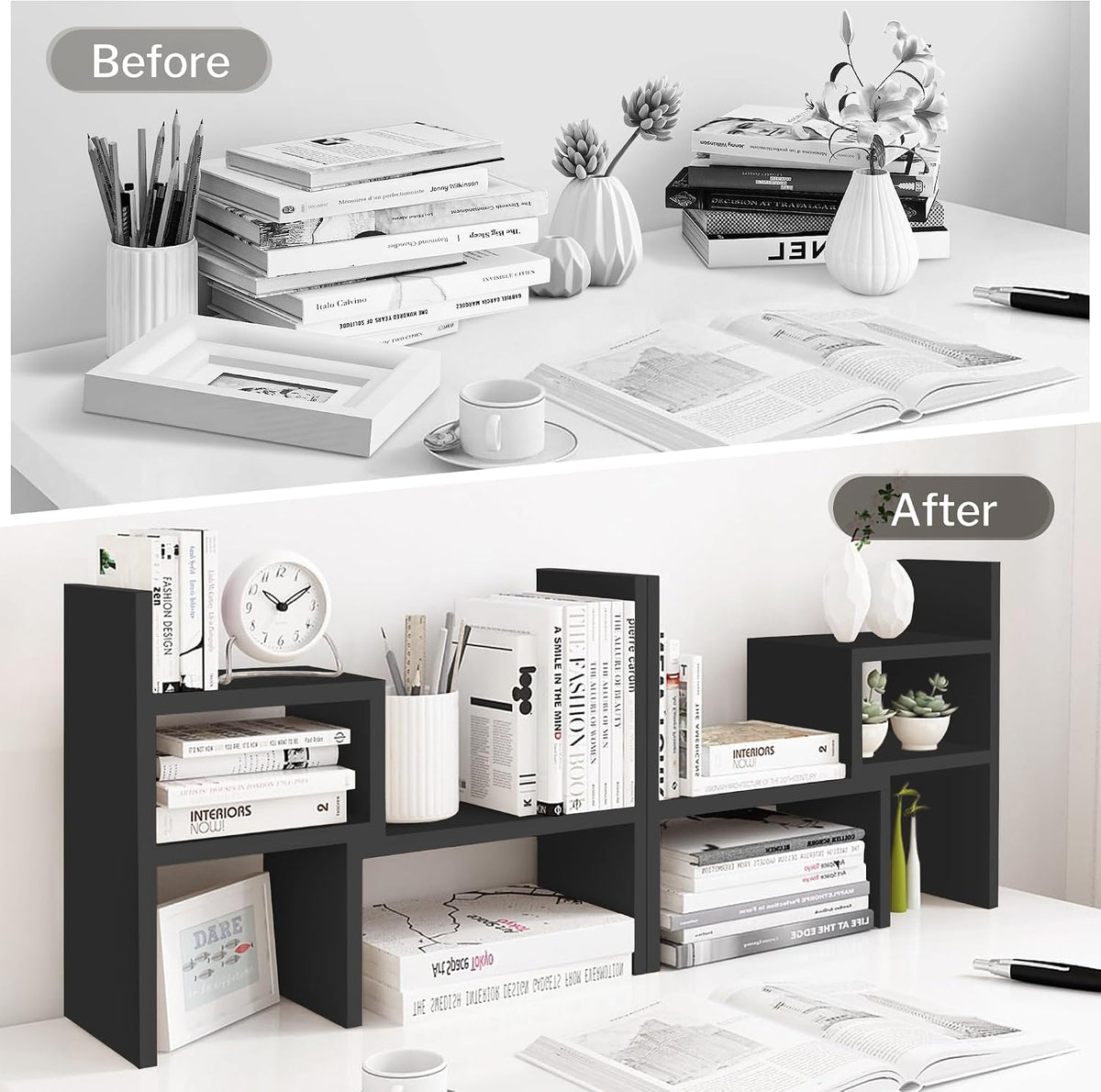 Desktop Organizer Office Storage Rack Adjustable Wood Display Shelf | Birthday Gifts - Toy - Home Decor | - Free Style Rotation Display - True Natural Stand Shelf (White)