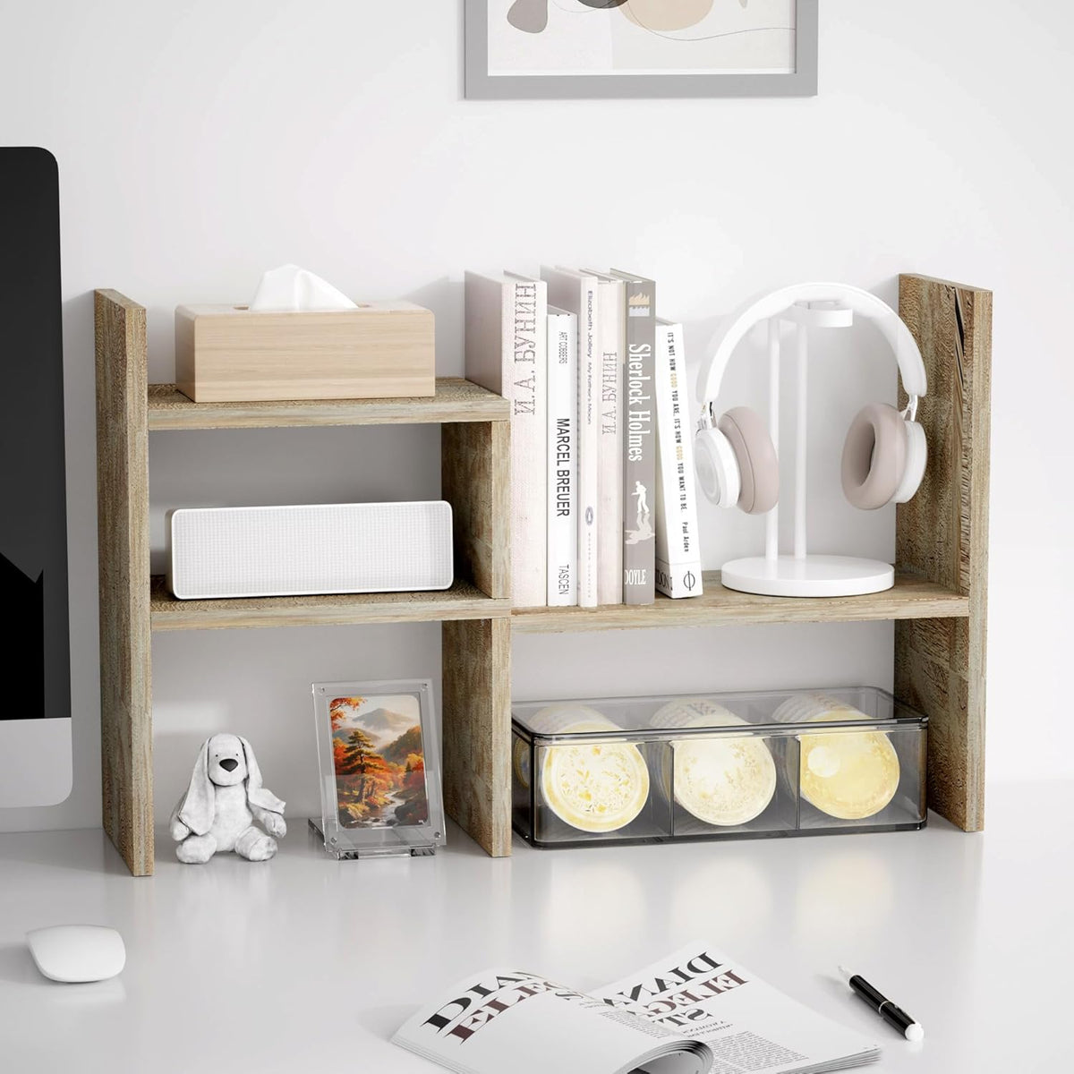 Desktop Organizer Office Storage Rack Adjustable Wood Display Shelf | Birthday Gifts - Toy - Home Decor | - Free Style Rotation Display - True Natural Stand Shelf (White)