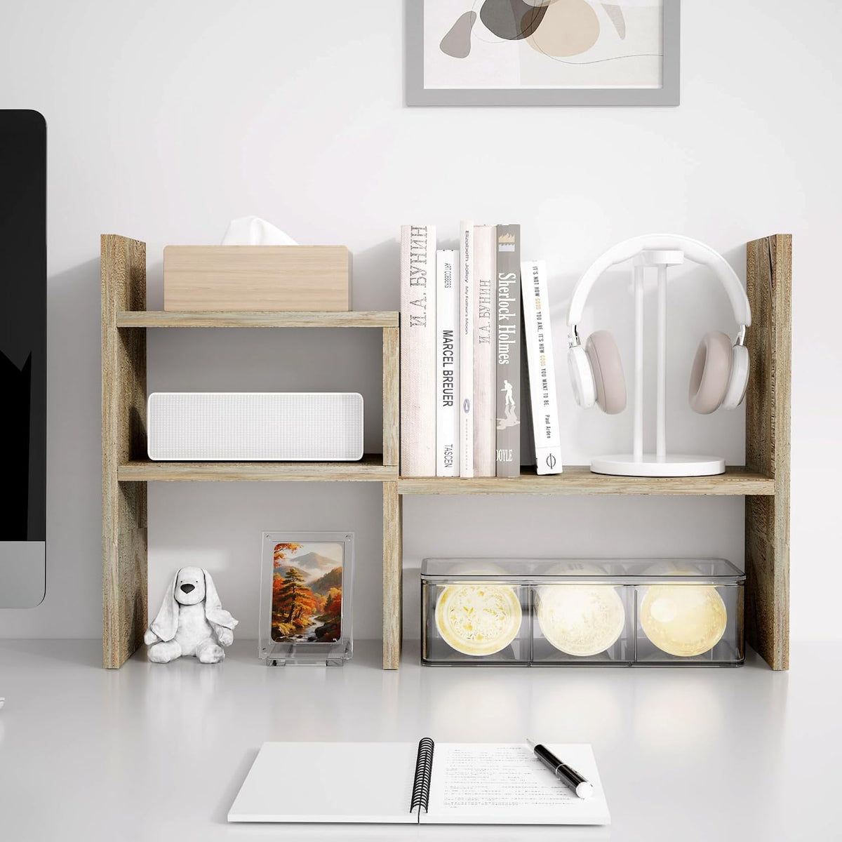 Desktop Organizer Office Storage Rack Adjustable Wood Display Shelf | Birthday Gifts - Toy - Home Decor | - Free Style Rotation Display - True Natural Stand Shelf (White)