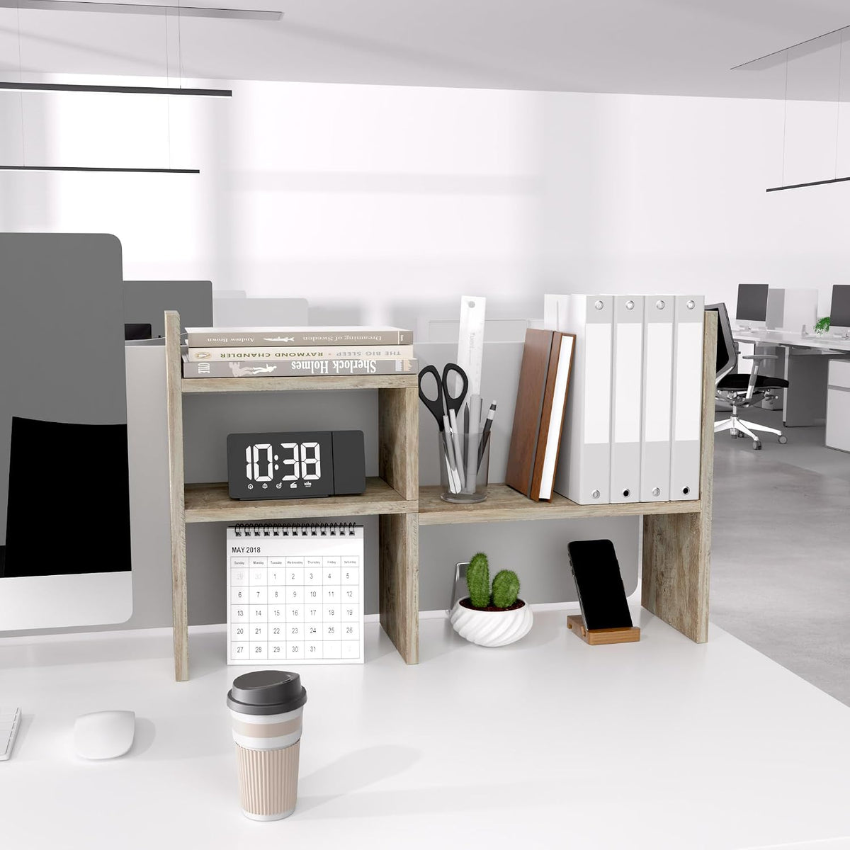 Desktop Organizer Office Storage Rack Adjustable Wood Display Shelf | Birthday Gifts - Toy - Home Decor | - Free Style Rotation Display - True Natural Stand Shelf (White)