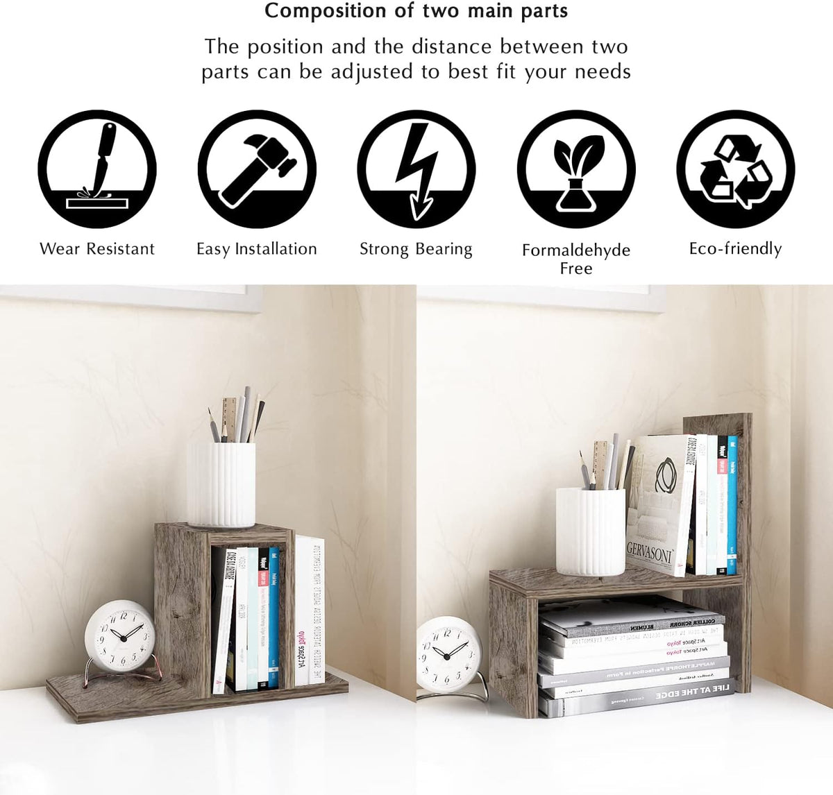 Desktop Organizer Office Storage Rack Adjustable Wood Display Shelf | Birthday Gifts - Toy - Home Decor | - Free Style Rotation Display - True Natural Stand Shelf (White)