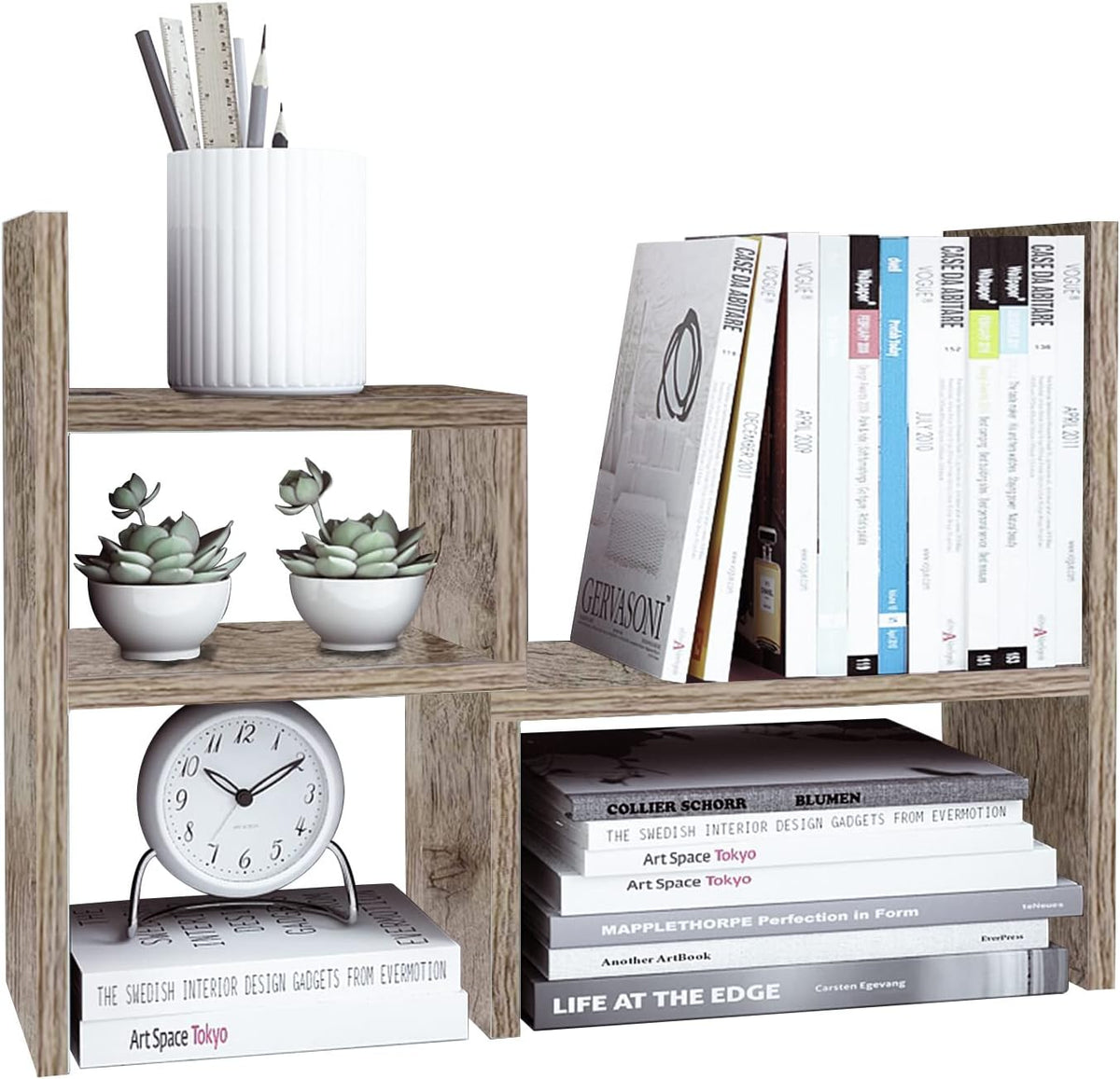 Desktop Organizer Office Storage Rack Adjustable Wood Display Shelf | Birthday Gifts - Toy - Home Decor | - Free Style Rotation Display - True Natural Stand Shelf (White)