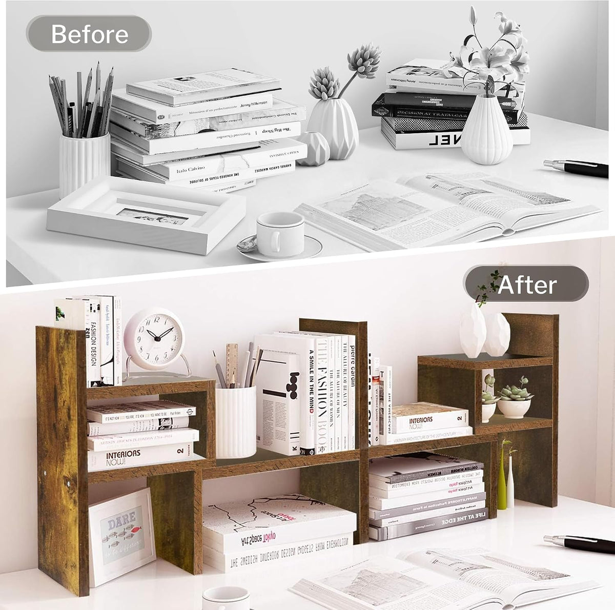 Desktop Organizer Office Storage Rack Adjustable Wood Display Shelf | Birthday Gifts - Toy - Home Decor | - Free Style Rotation Display - True Natural Stand Shelf (White)
