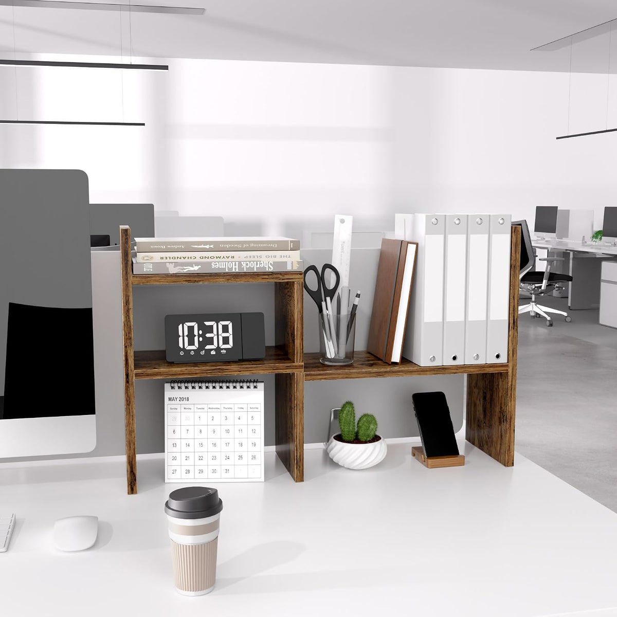 Desktop Organizer Office Storage Rack Adjustable Wood Display Shelf | Birthday Gifts - Toy - Home Decor | - Free Style Rotation Display - True Natural Stand Shelf (White)