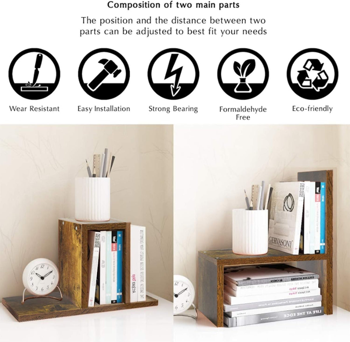 Desktop Organizer Office Storage Rack Adjustable Wood Display Shelf | Birthday Gifts - Toy - Home Decor | - Free Style Rotation Display - True Natural Stand Shelf (White)
