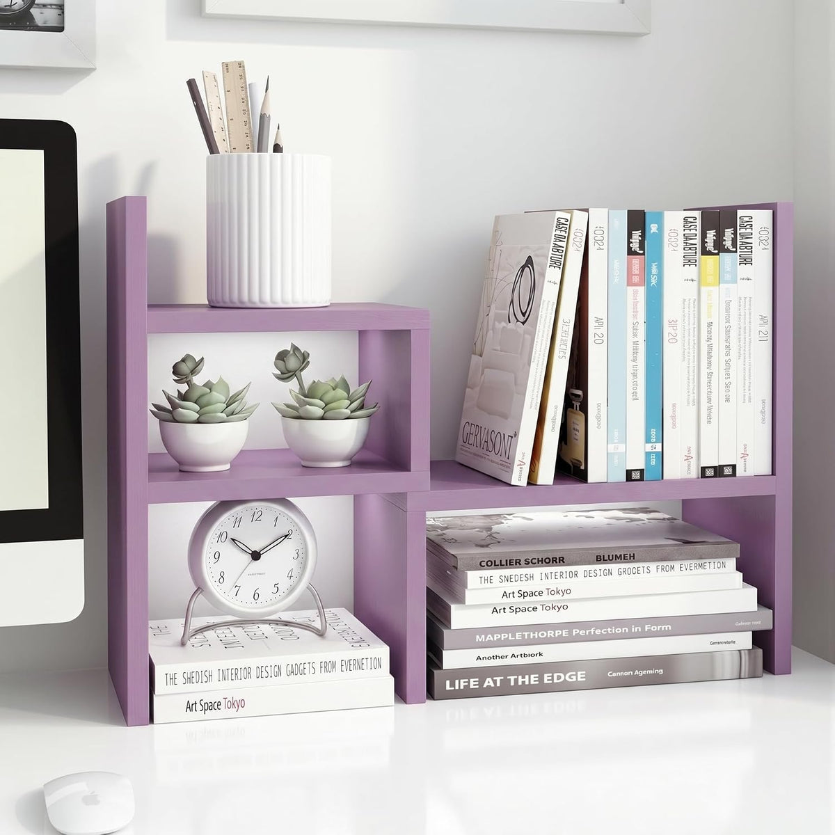 Desktop Organizer Office Storage Rack Adjustable Wood Display Shelf | Birthday Gifts - Toy - Home Decor | - Free Style Rotation Display - True Natural Stand Shelf (White)