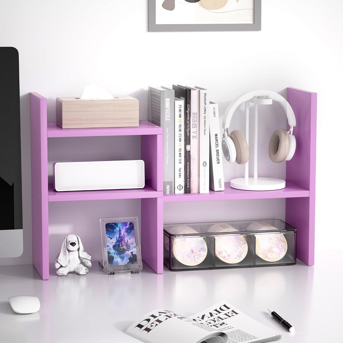Desktop Organizer Office Storage Rack Adjustable Wood Display Shelf | Birthday Gifts - Toy - Home Decor | - Free Style Rotation Display - True Natural Stand Shelf (White)