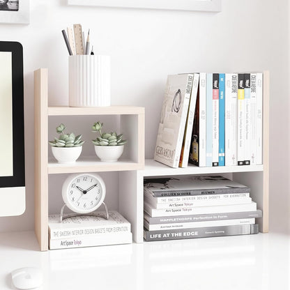 Desktop Organizer Office Storage Rack Adjustable Wood Display Shelf | Birthday Gifts - Toy - Home Decor | - Free Style Rotation Display - True Natural Stand Shelf (White)