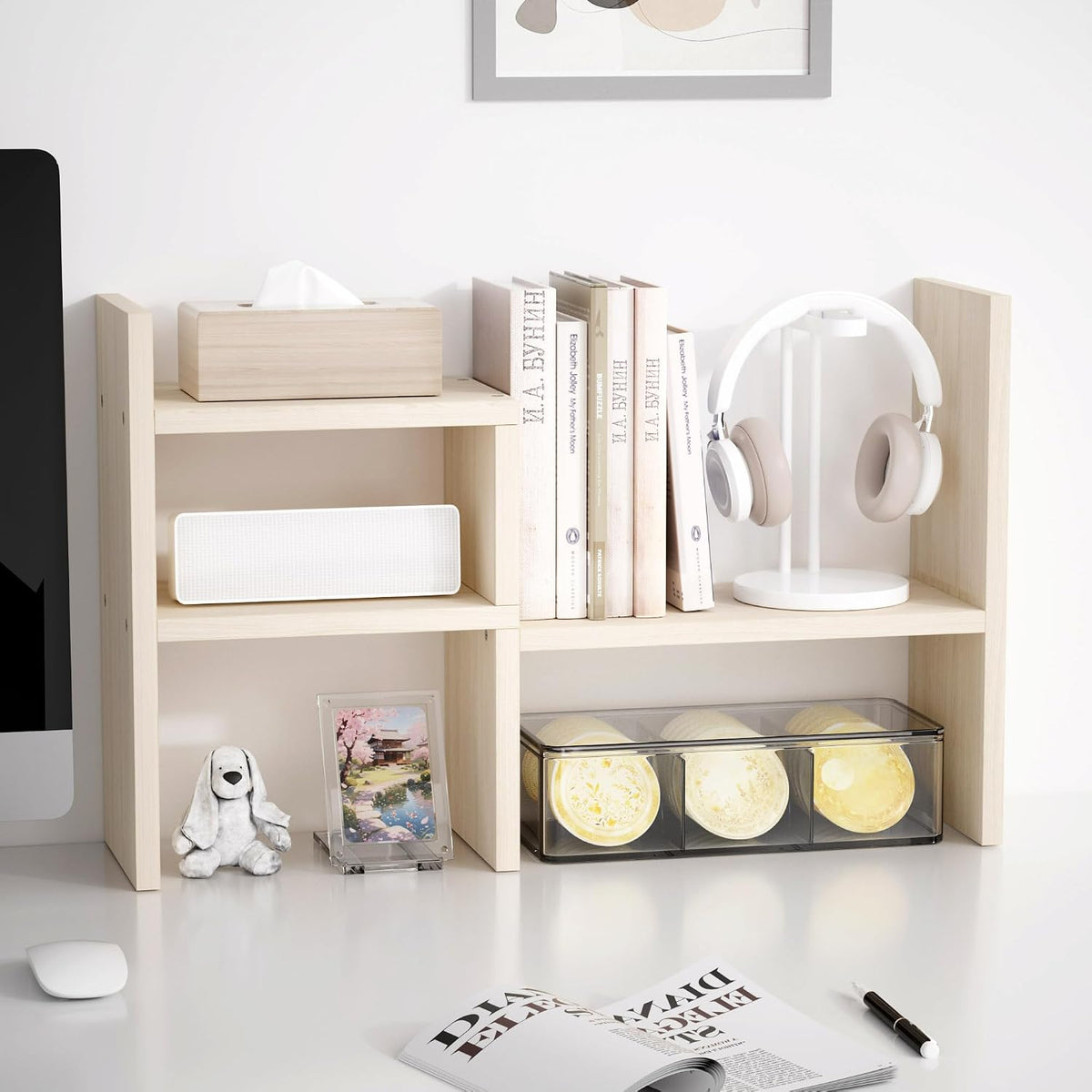 Desktop Organizer Office Storage Rack Adjustable Wood Display Shelf | Birthday Gifts - Toy - Home Decor | - Free Style Rotation Display - True Natural Stand Shelf (White)