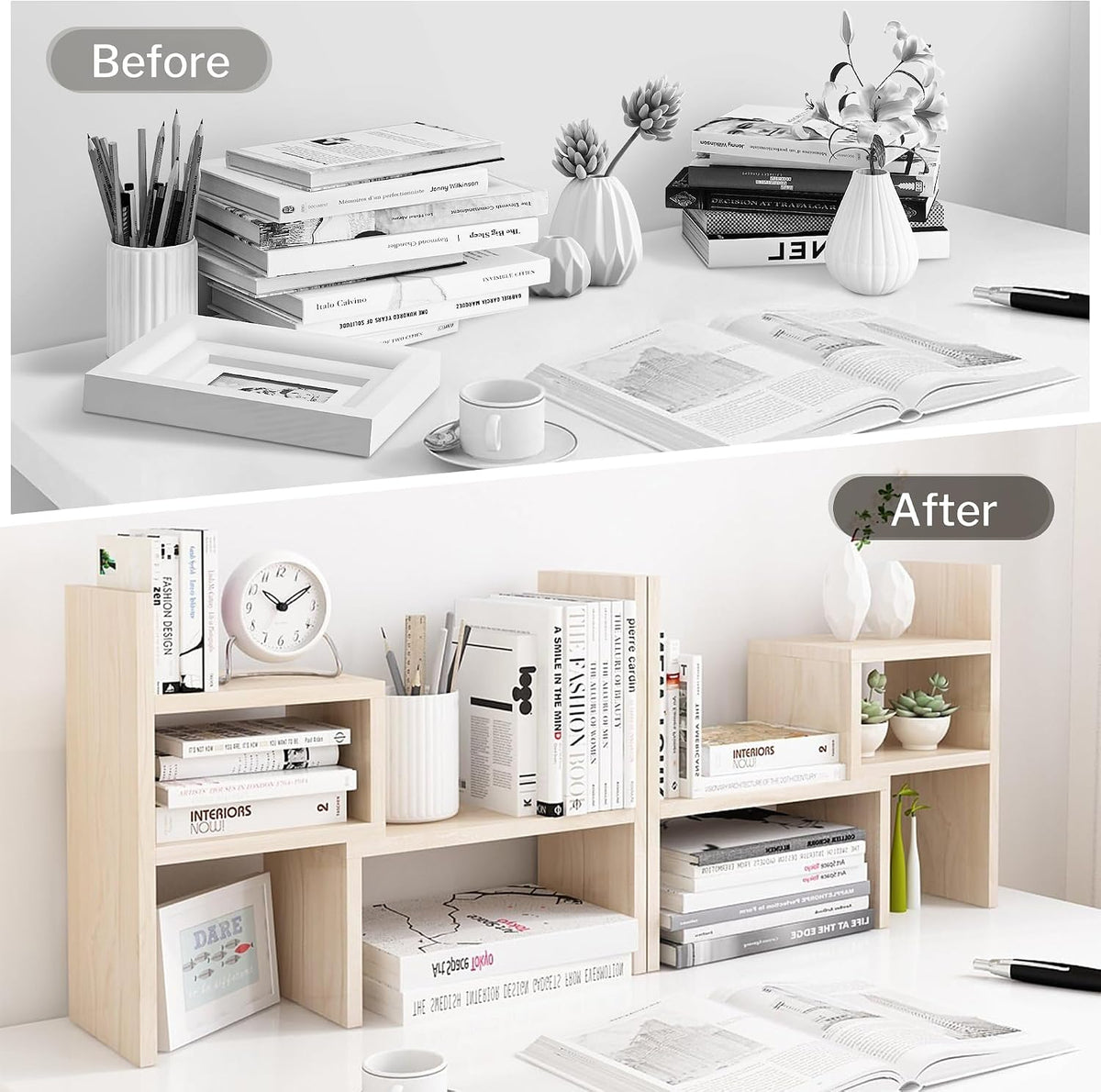 Desktop Organizer Office Storage Rack Adjustable Wood Display Shelf | Birthday Gifts - Toy - Home Decor | - Free Style Rotation Display - True Natural Stand Shelf (White)