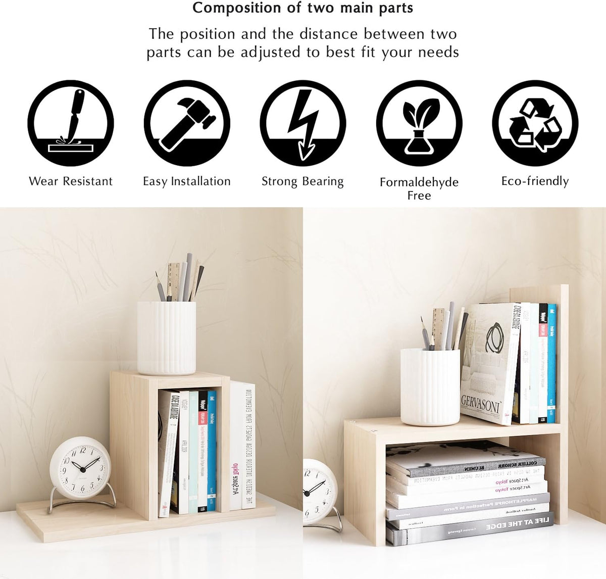 Desktop Organizer Office Storage Rack Adjustable Wood Display Shelf | Birthday Gifts - Toy - Home Decor | - Free Style Rotation Display - True Natural Stand Shelf (White)