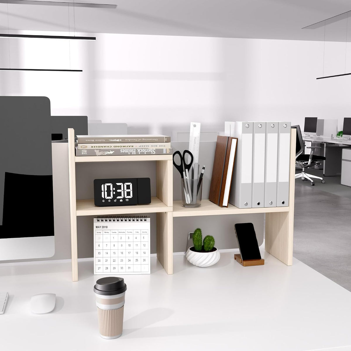 Desktop Organizer Office Storage Rack Adjustable Wood Display Shelf | Birthday Gifts - Toy - Home Decor | - Free Style Rotation Display - True Natural Stand Shelf (White)