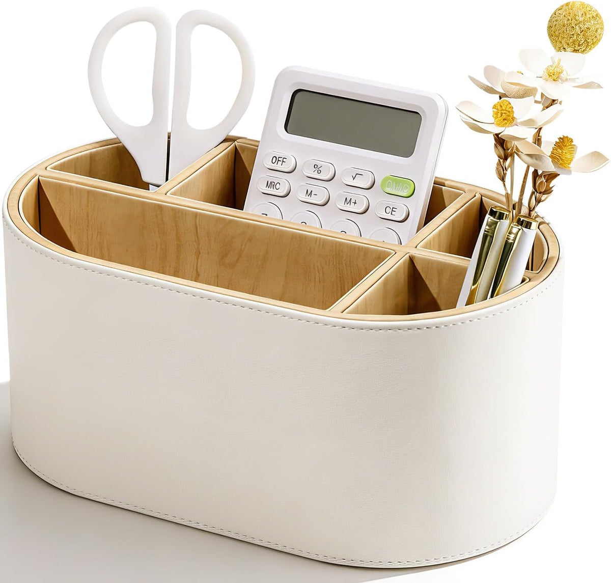 KINGFOM PU Leather Desk Organizer with Multi Compartments, Desktop Caddy Holder for Remote Controls, Pens, Makeup Brushes, Office Accessories (Beige)