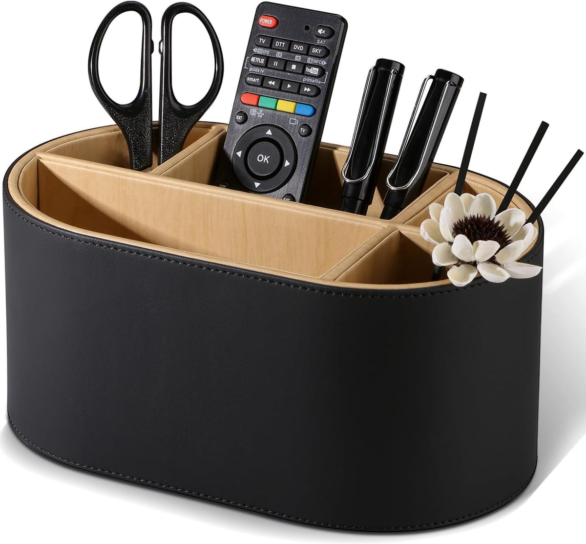 KINGFOM PU Leather Desk Organizer with Multi Compartments, Desktop Caddy Holder for Remote Controls, Pens, Makeup Brushes, Office Accessories (Beige)